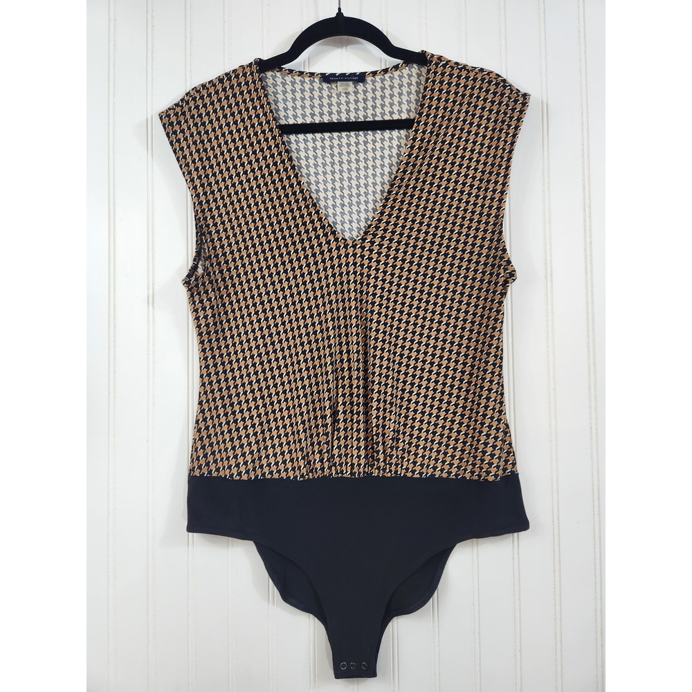 Tommy‎ Hilfiger Womens Houndstooth Sleeveless V-Neck Bodysuit Tan Black Large